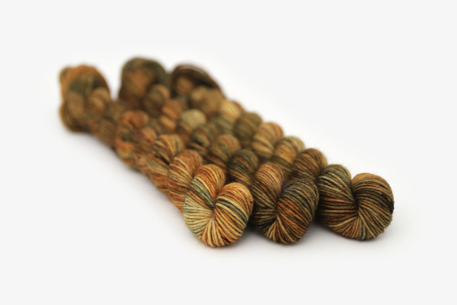 speckled hand dyed brown burnt orange olive phyllis sock mini yarn