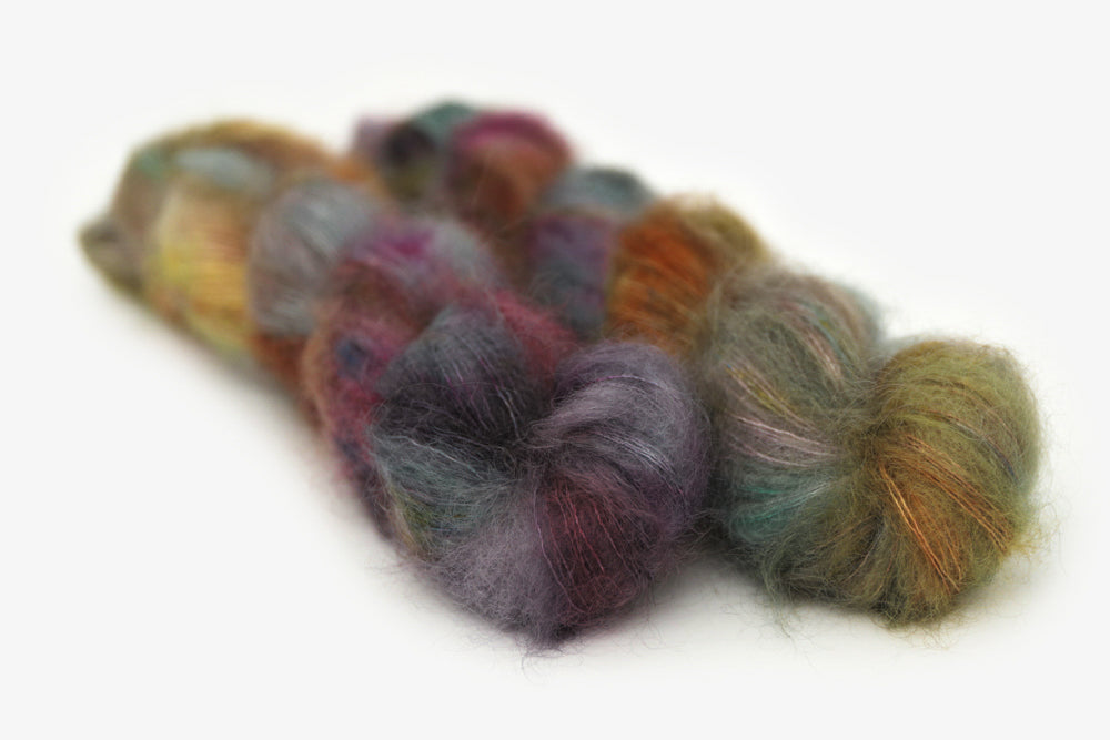 speckled hand dyed dark maroon gray teal orange mohair lace yarn