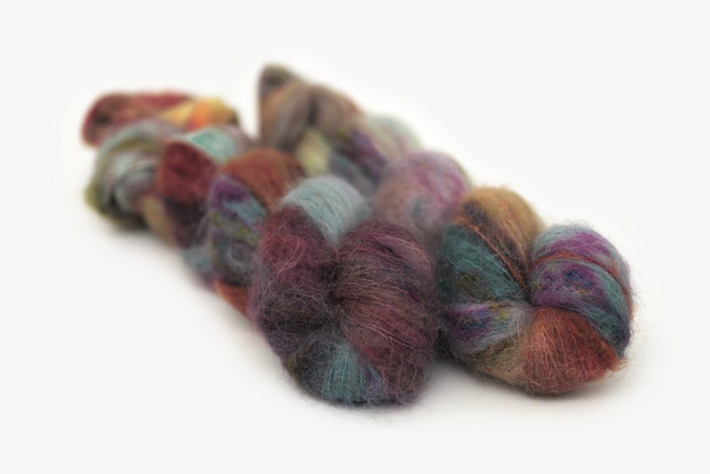 speckled hand dyed dark maroon gray teal orange alpaca suri lace yarn