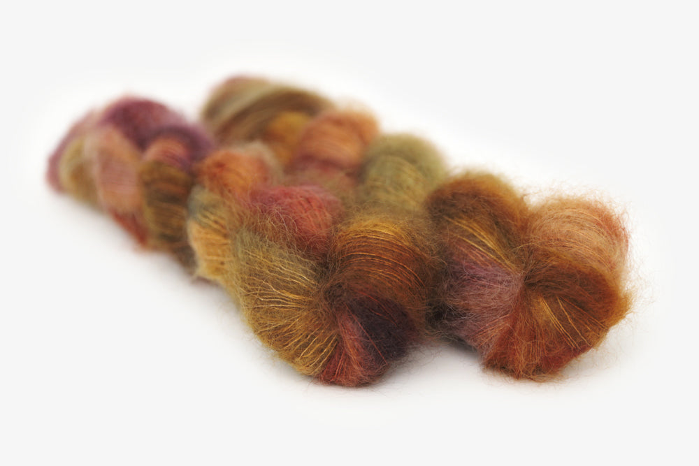 speckled hand dyed rust red green orange mohair lace yarn