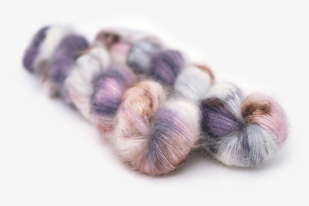 speckled hand dyed dark purple lilac white mohair lace yarn