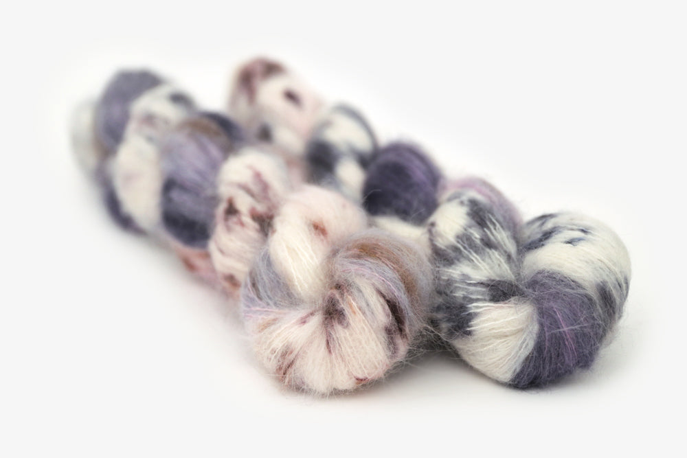 speckled hand dyed dark purple lilac white alpaca suri lace yarn