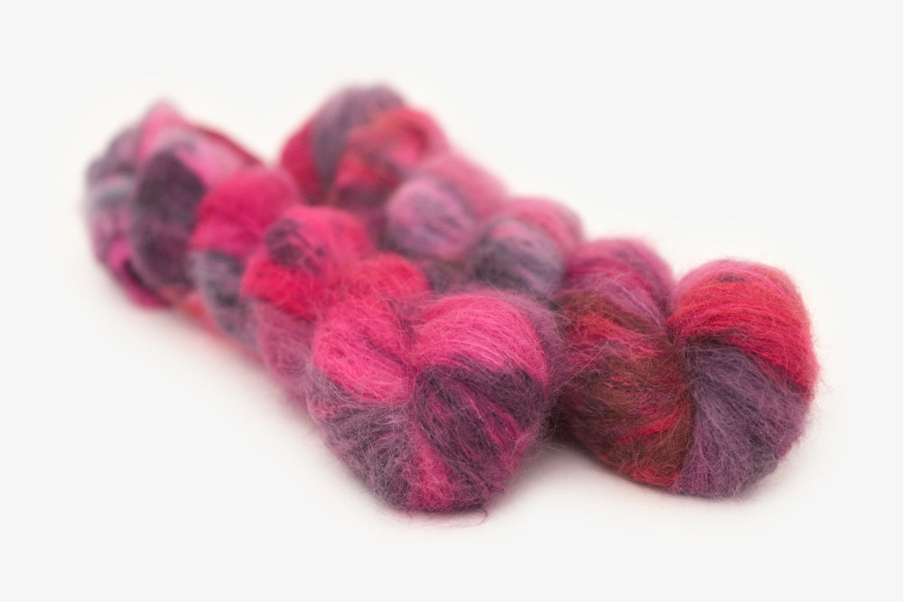 speckled hand dyed hot pink purple aqua alpaca suri lace yarn