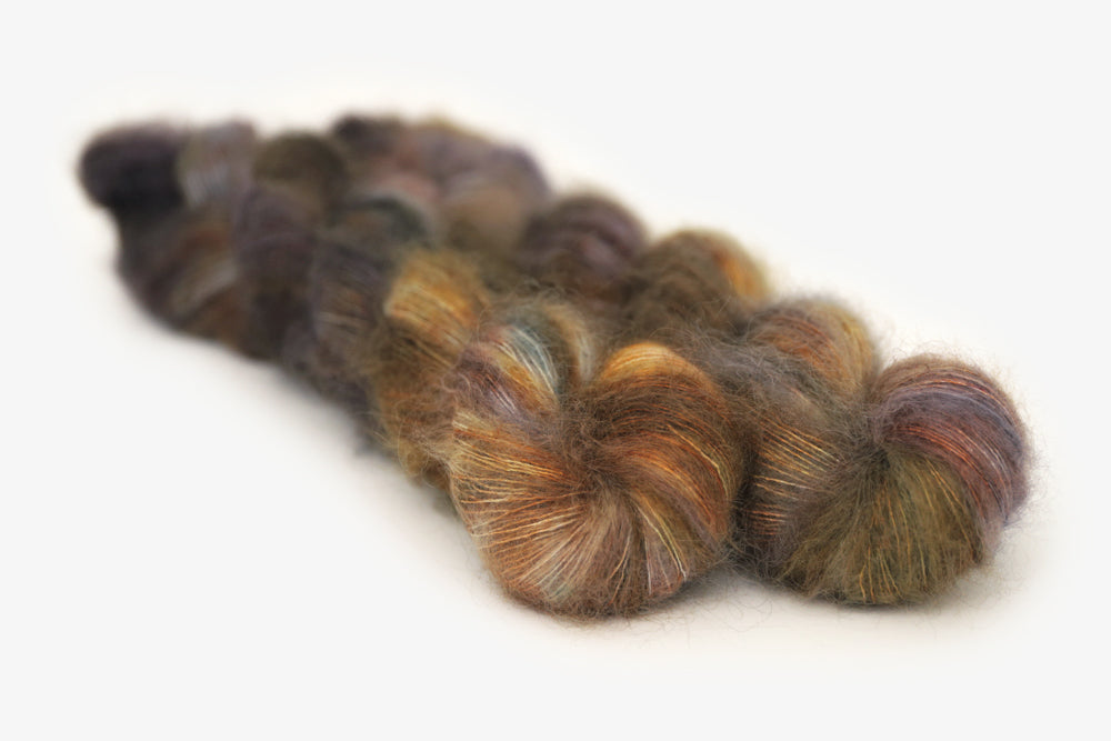 speckled hand dyed green olive dark gray brown mohair lace yarn