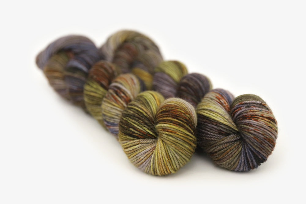 speckled hand dyed green olive dark gray brown dk yarn