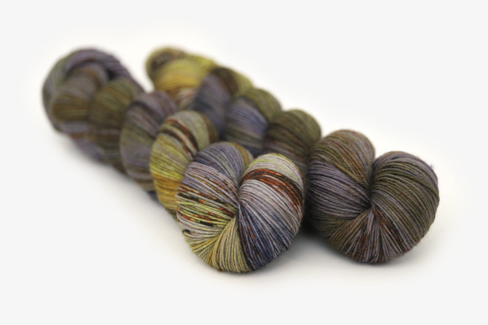 speckled hand dyed green olive dark gray brown phyllis sock yarn