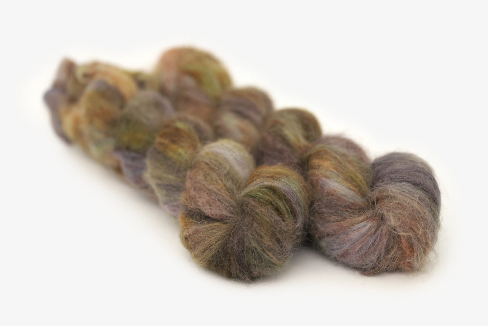 speckled hand dyed green olive dark gray brown alpaca suri lace yarn