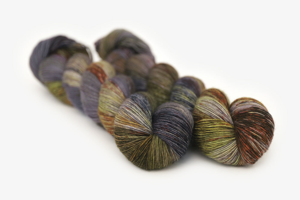 speckled hand dyed green olive dark gray brown single sock yarn