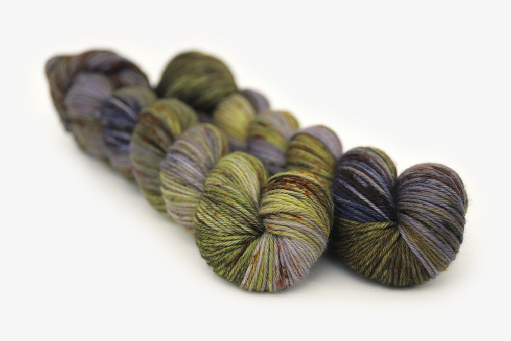 speckled hand dyed green olive dark gray brown worsted yarn