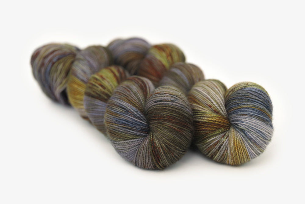 speckled hand dyed green olive dark gray brown spun xl yarn