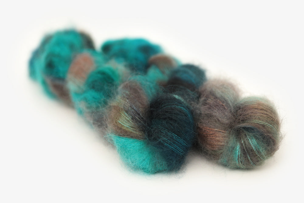 speckled hand dyed teal aqua dark purple mohair lace yarn