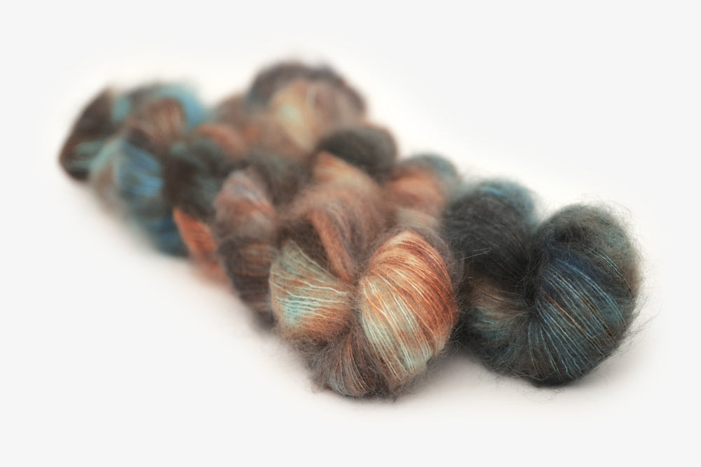 speckled hand dyed blue rust orange sage mohair lace yarn