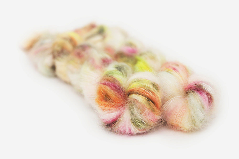 speckled hand dyed pink white neon yellow orange mohair lace yarn