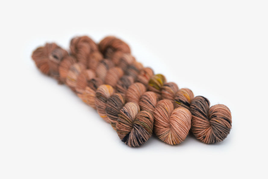 speckled hand dyed dusty pink yellow blue tan phyllis sock mini yarn