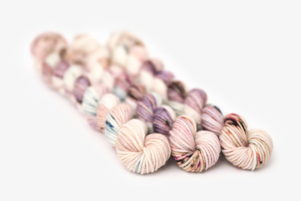 speckled hand dyed white pink mauve maroon  dk mini yarn