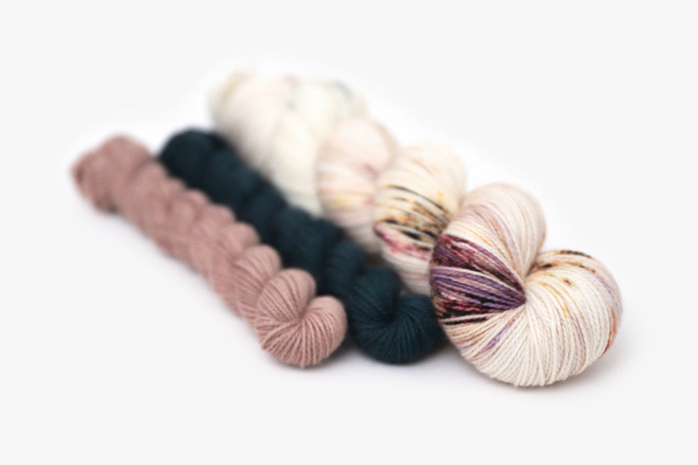 speckled hand dyed white pink dark mauve maroon brown merino sock yarn set