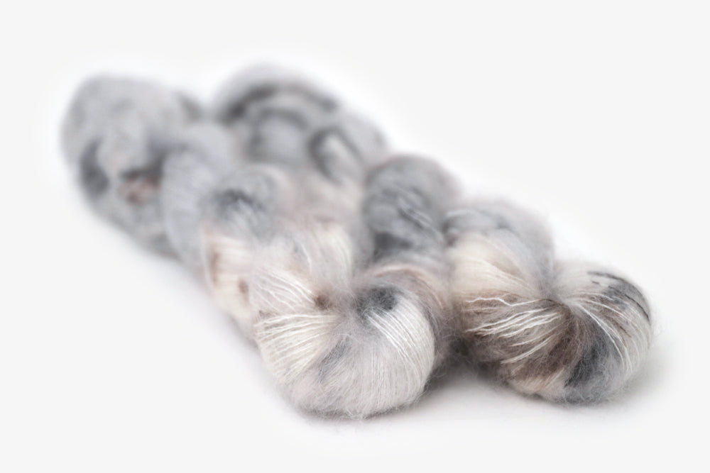 speckled hand dyed cool white gray brown mohair lace yarn