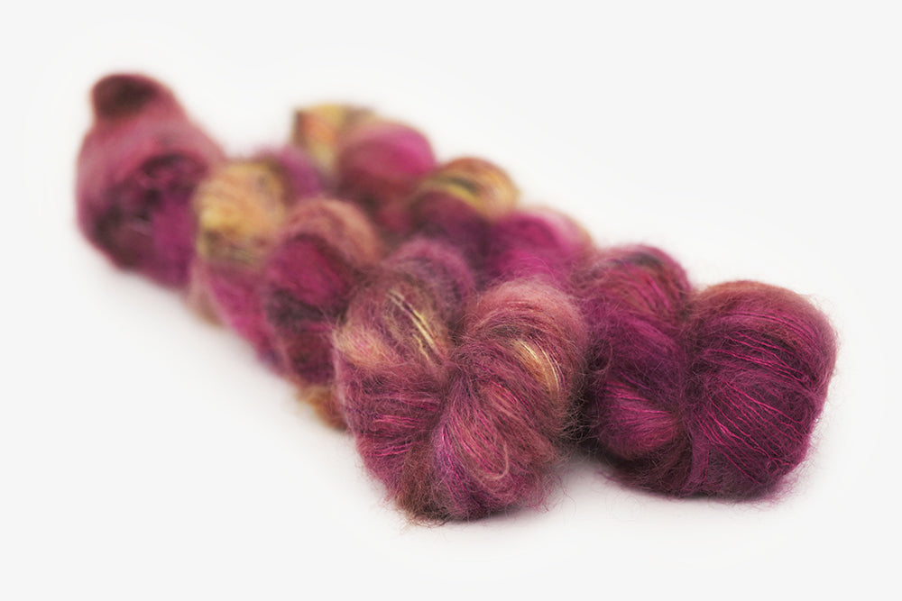 speckled hand dyed magenta gold olive mohair lace yarn