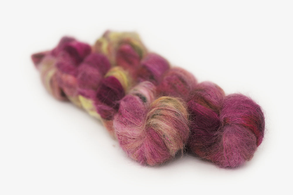 speckled hand dyed magenta gold olive alpaca suri lace yarn