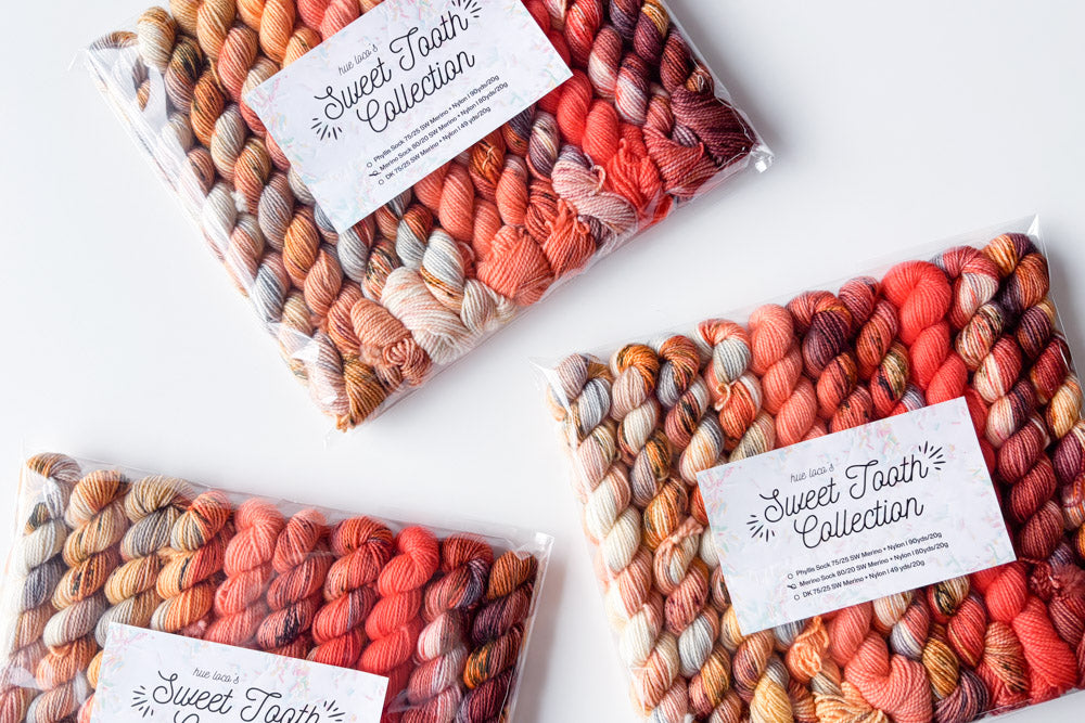 speckled semisolid hand dyed orange peach cream gray blue yarn set