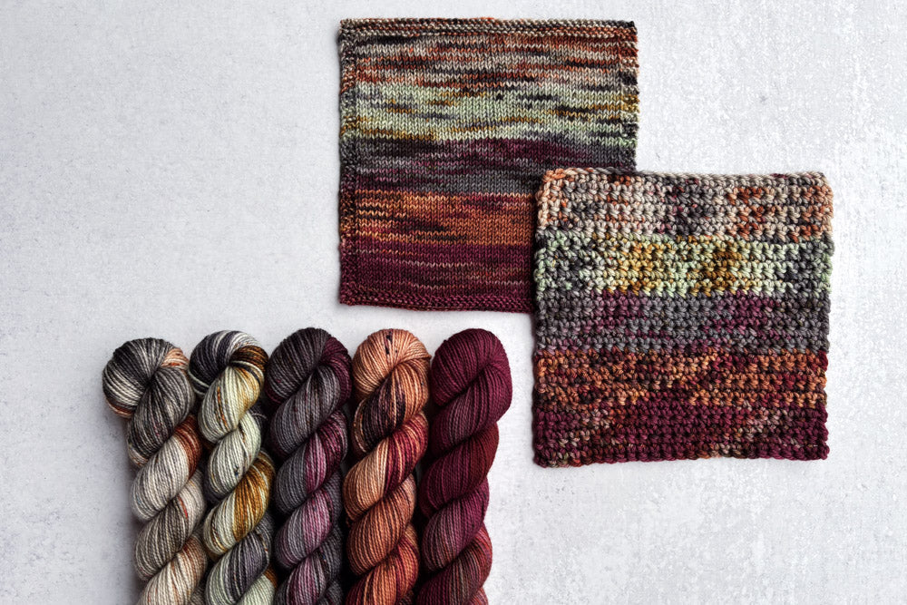 speckled hand dyed green orange red gray 50s yarn set with knit and crochet fade swatches