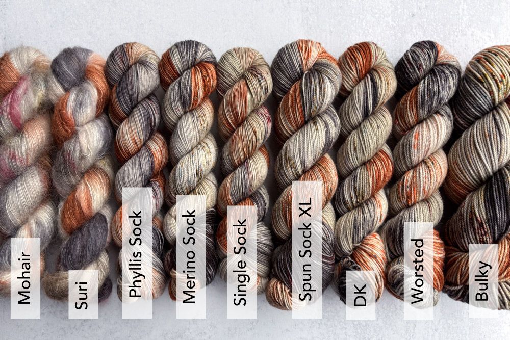 speckled hand dyed green orange purple gray yarn