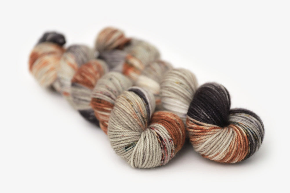 speckled hand dyed green orange purple gray dk yarn