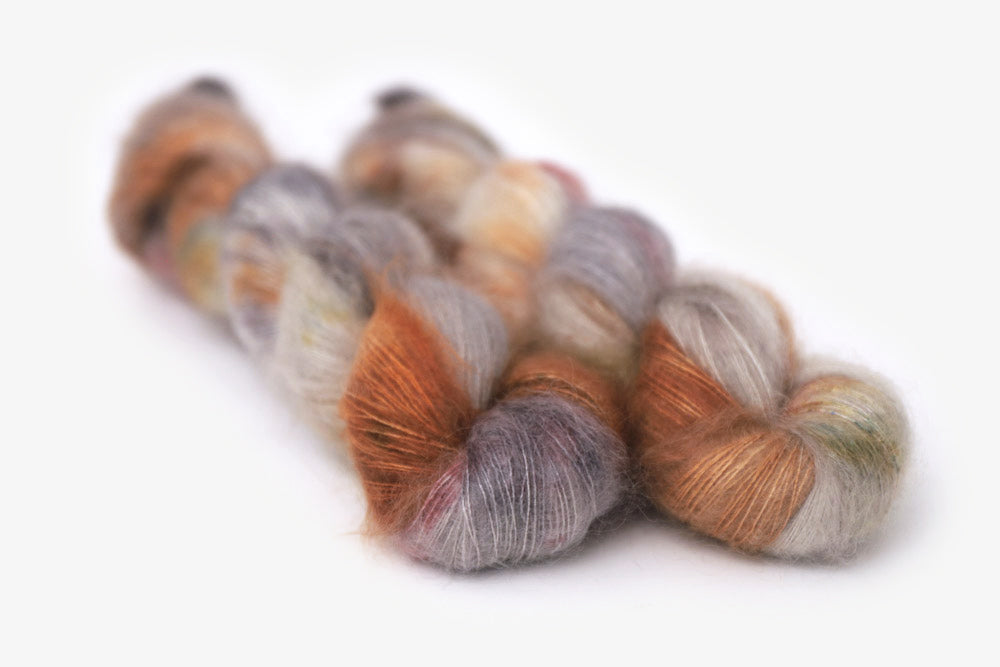 speckled hand dyed green orange purple gray mohair lace yarn