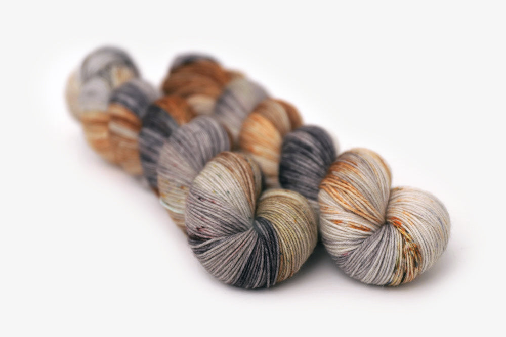 speckled hand dyed green orange purple gray phyllis sock yarn