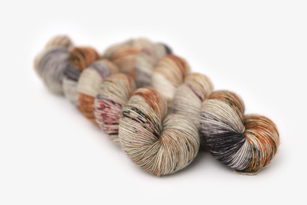 speckled hand dyed green orange purple gray single sock yarn