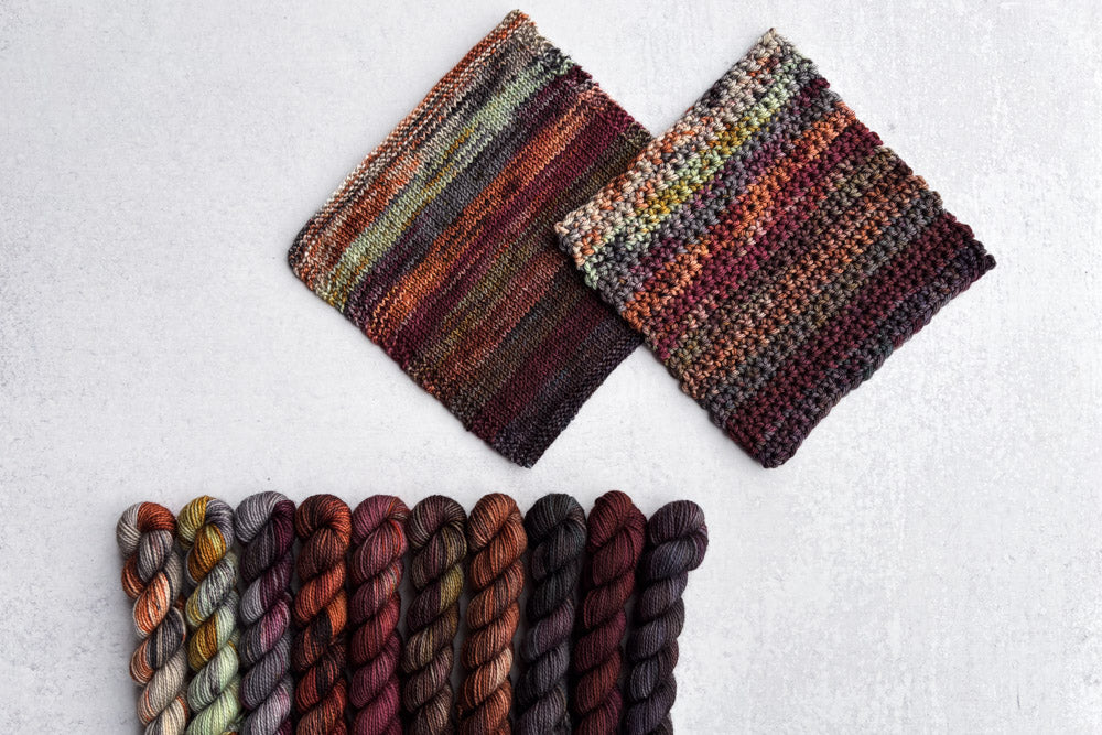 tonal speckled hand dyed orange red gray brown green yarn mini set with knit and crochet fade swatches