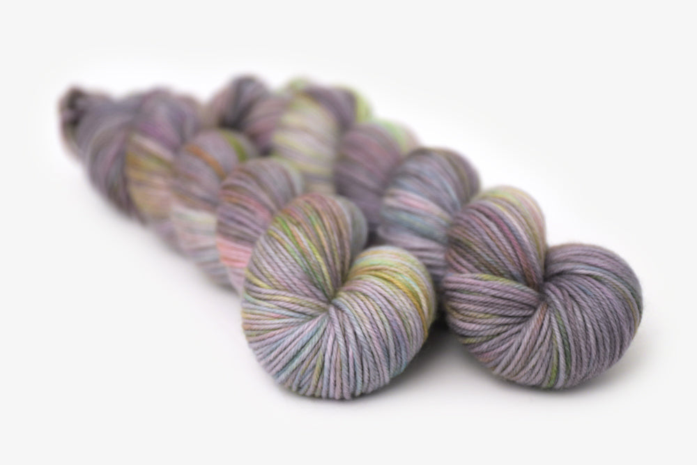 tonal hand dyed gray plum peach green blue dk yarn