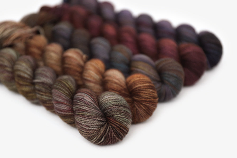 tonal hand dyed orange red gray brown yarn 50s set