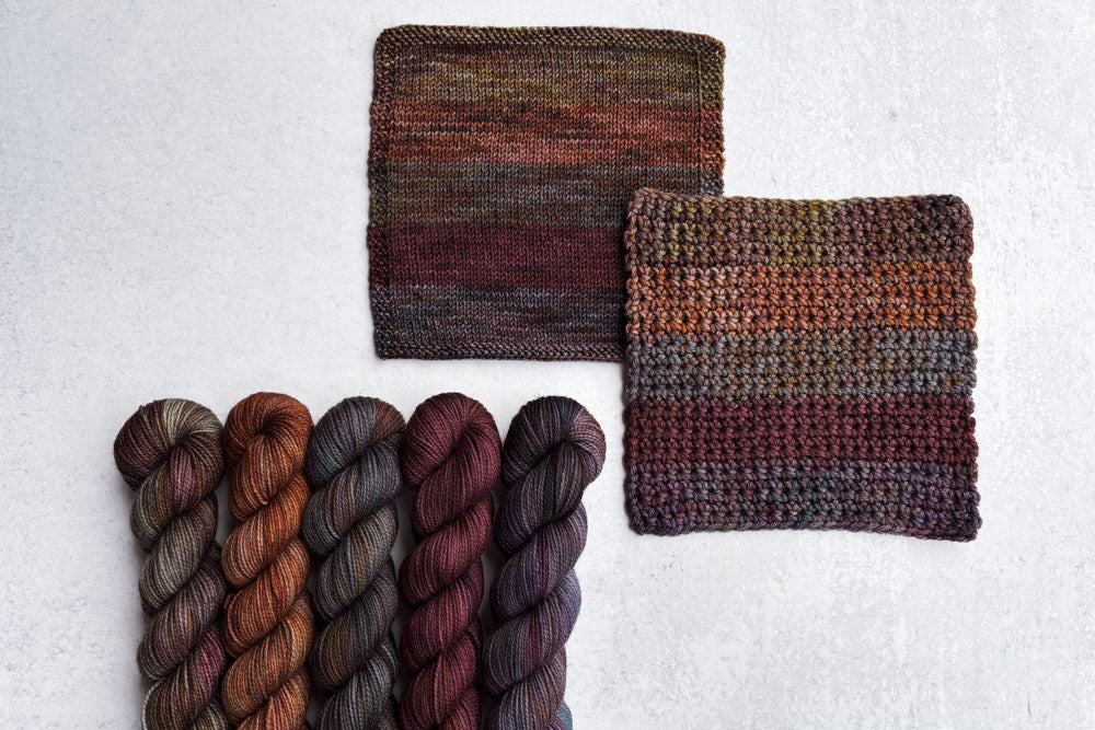 tonal hand dyed orange red gray brown yarn 50s set with knit and crochet fade swatches