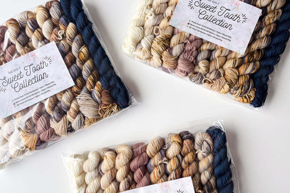 speckled semisolid hand dyed white tan purple brown blue yarn set