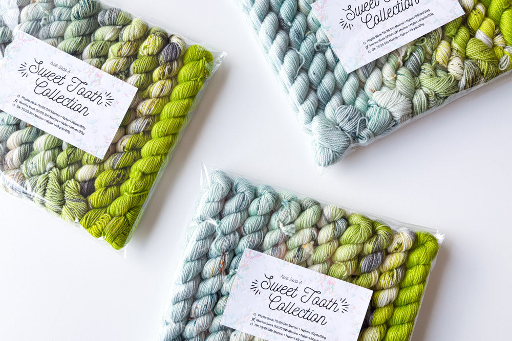 speckled semisolid hand dyed light blue lime green gray yarn set