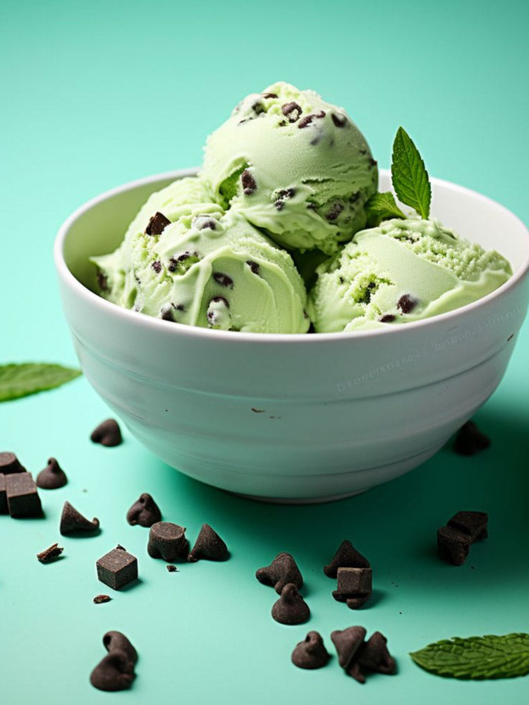 mint chocolate chip ice cream in a bowl