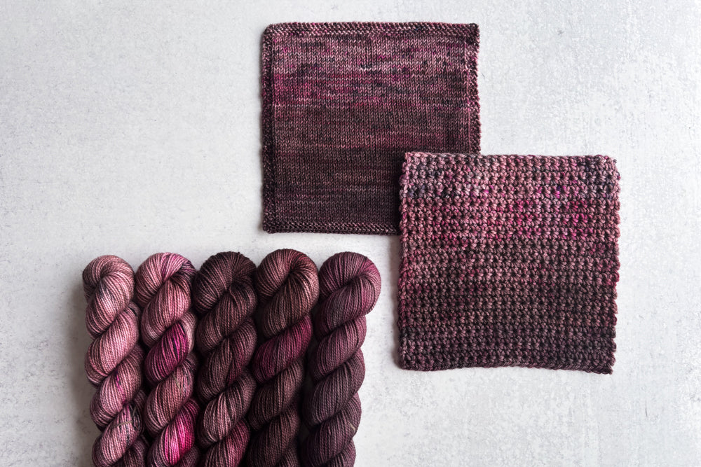 speckled hand dyed white pink dark mauve maroon brown yarn 50s set with knit and crochet fade swatches