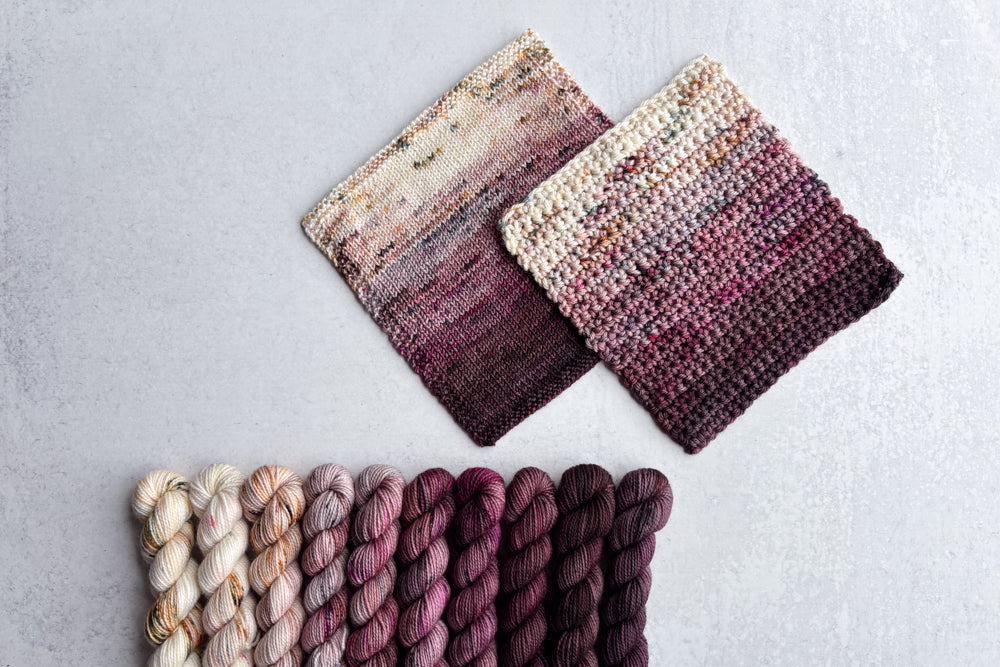 speckled hand dyed white pink dark mauve maroon brown yarn mini set with knit and crochet fade swatches
