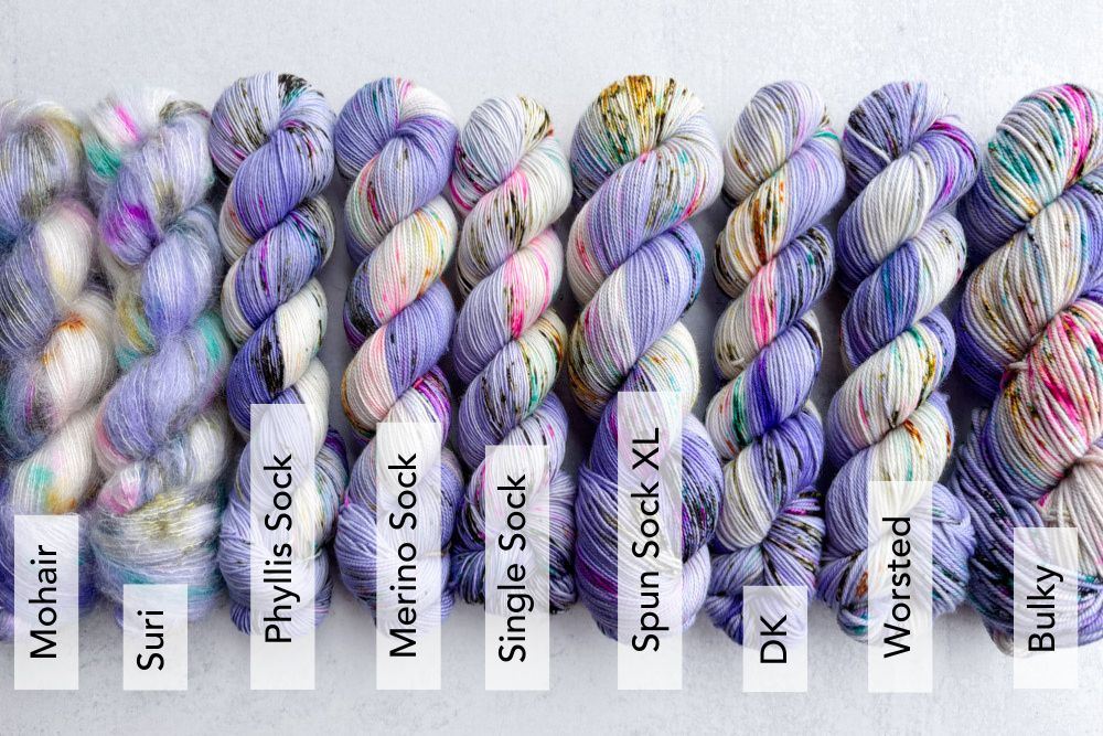 speckled hand dyed white purple yarn