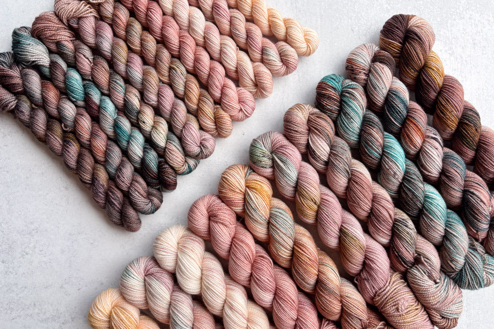 tonal speckled peach blush ochre teal yarn sets