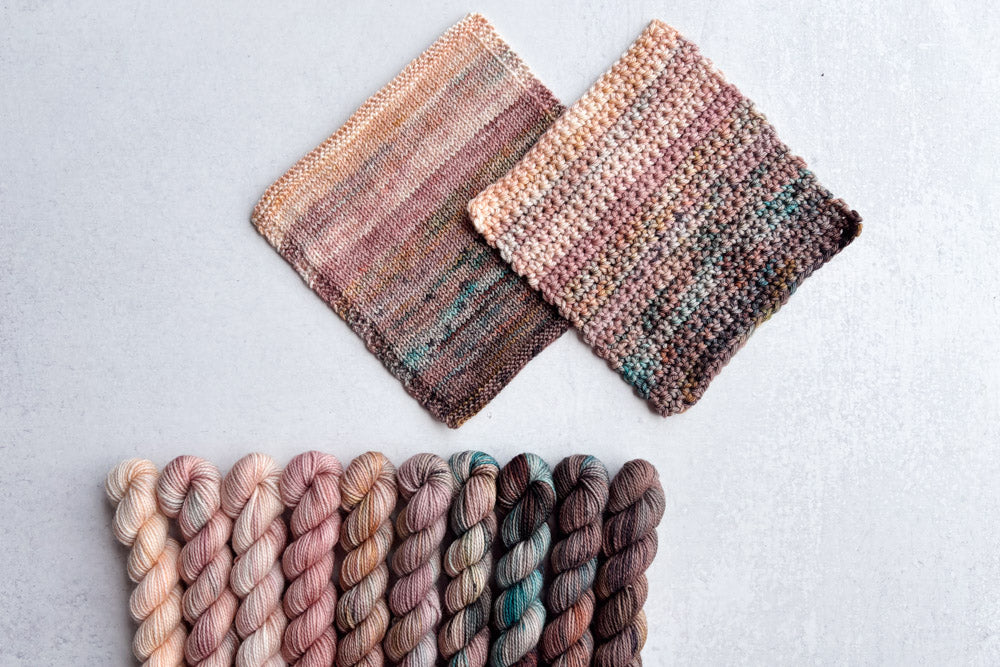 tonal speckled peach blush ochre teal yarn mini set with knit and crochet fade swatches