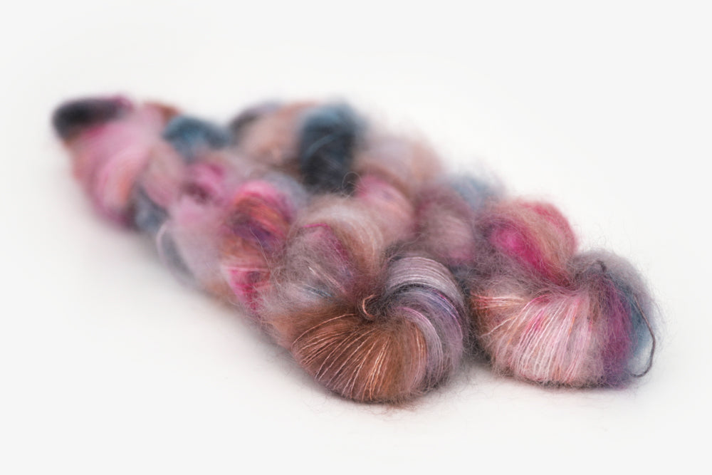 speckled hand dyed lilac teal magenta brown mohair lace yarn