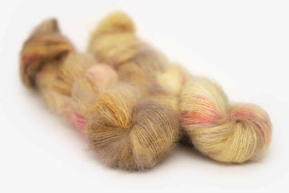 speckled hand dyed gold ochre fuchsia mohair lace yarn
