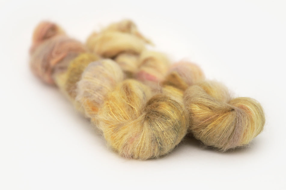 speckled hand dyed gold ochre fuchsia alpaca suri lace yarn