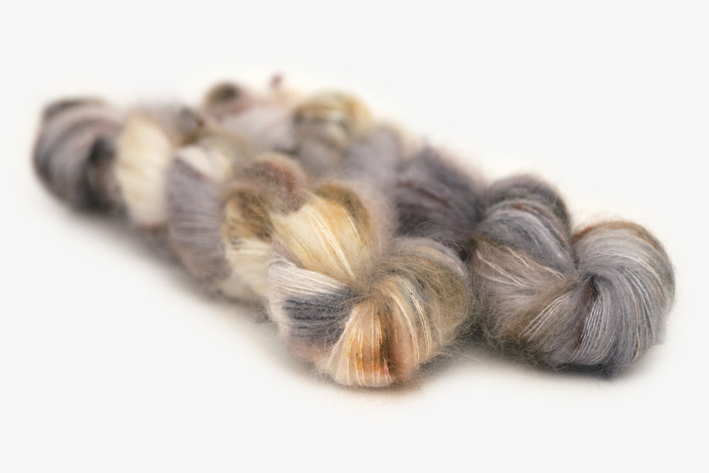 speckled hand dyed warm white gray brown maroon mohair lace yarn